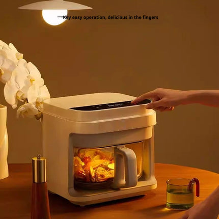 Friteuse à air chaud 1200 W avec panier en verre transparent - Four multifonction sans retournement, poignée isolante, 8 modes de cuisson, usage domestique