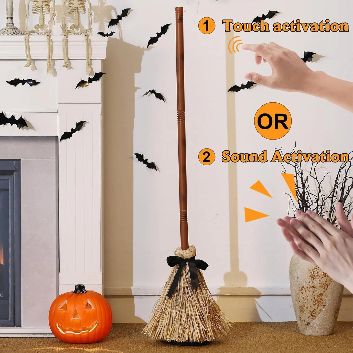 Halloween Witches Broom Moving Broom 43.5 Inches Moving Decoration with Spooky Sounds Witch Broom Prop for Halloween Party