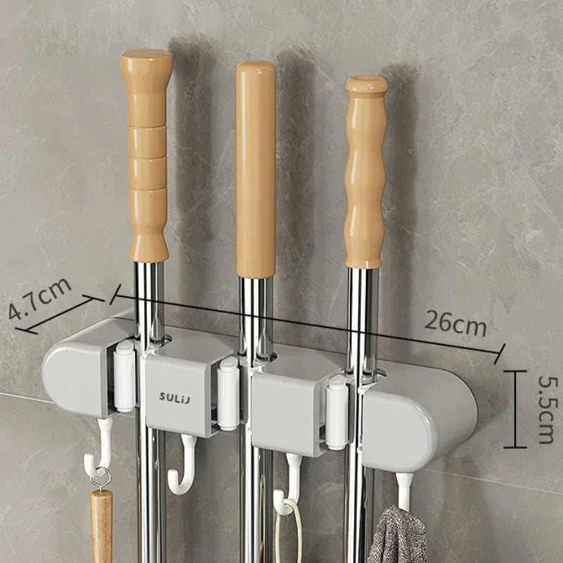 Broom Mop Holder with Hooks Wall Mounted Broom Storage Rack No Drilling Self-Adhesive Kitchens Organizer Multifunction Holder