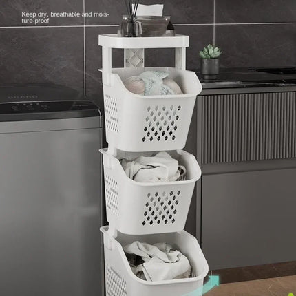 Laundry Storage Rack Basket Multilayer Dirty Clothes Storage Basket With Wheel Large Capacity Household Bathroom Shelf Organizer - E-menage