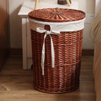 Small diameter 30cm outer height 33cm / Brown basket with lid and linen lining