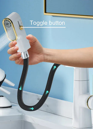 VGX Multifunctional Bathroom Faucets Pull Out Basin Mixer Sink Faucet Gourmet LED Temperature Tap 360° Tapware Crane Brass White