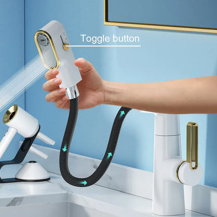 Robinet de salle de bain multifonctionnel VGX, mitigeur de lavabo extractible, robinet de lavabo avec indicateur de température LED, rotation à 360°, robinetterie Crane en laiton blanc