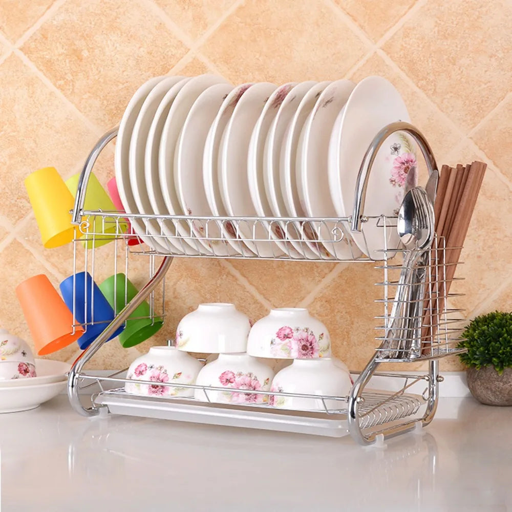 Kitchen Cutlery Organizer 2 Tier S-Shaped Dish Drainer Stable Space-saving Tableware Holder Shelf Metal Cup Drainer Chopsticks