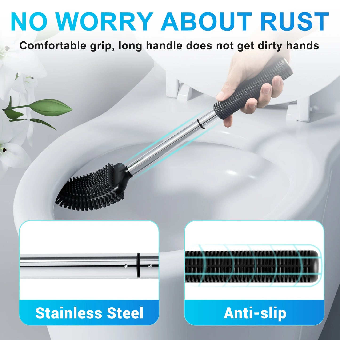 Brosse de toilette en silicone, nettoyage en profondeur, manche antidérapant en acier inoxydable et poils flexibles (noire), lot de 1