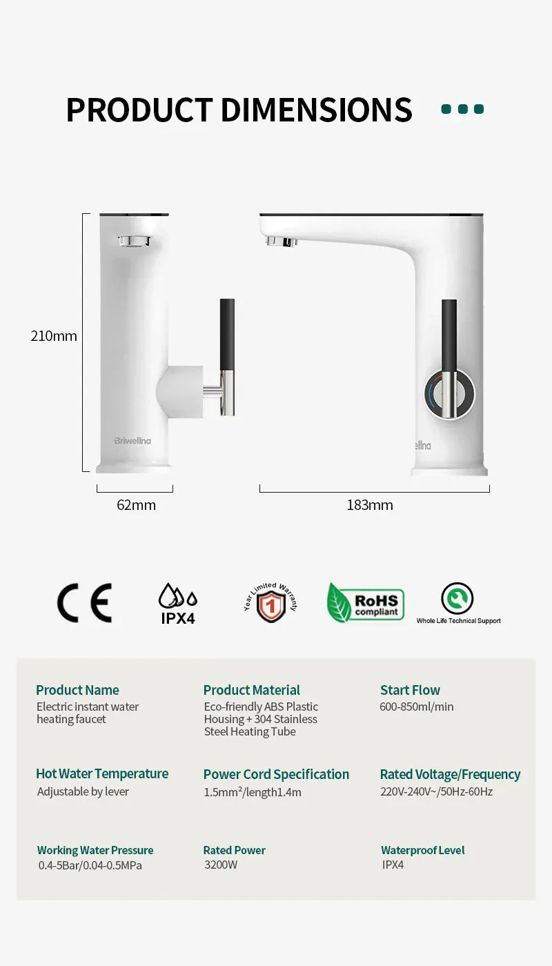 Briwellna Electric Water Heater 220V Kitchen Faucet Tankless Geysers Faucet Heater Heating Tap Instantaneous Heaters Robinet