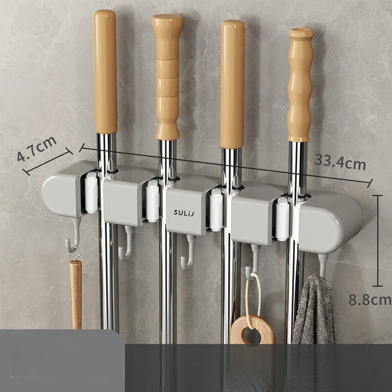 Broom Mop Holder with Hooks Wall Mounted Broom Storage Rack No Drilling Self-Adhesive Kitchens Organizer Multifunction Holder