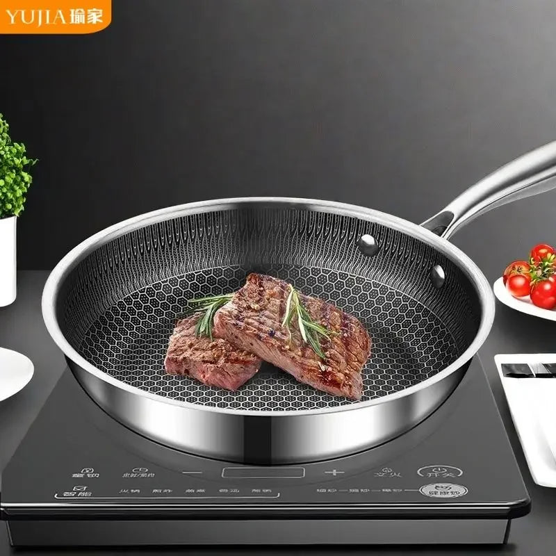 Frying Pan Stainless Steel Non-stick Household Frying Pancakes Uncoated Honeycomb Open Flame Gas Induction Cooker Pan Universal
