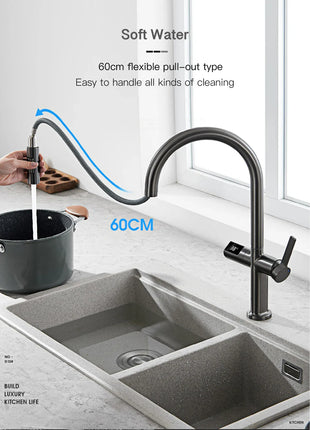 Luxury brass gun gray kitchen faucet LED digital sensing design single handle hot & cold water pull-out type 2-function sink Tap