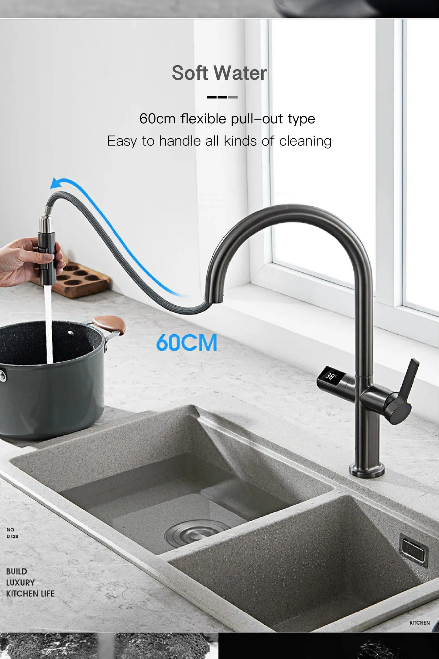 Luxury brass gun gray kitchen faucet LED digital sensing design single handle hot & cold water pull-out type 2-function sink Tap