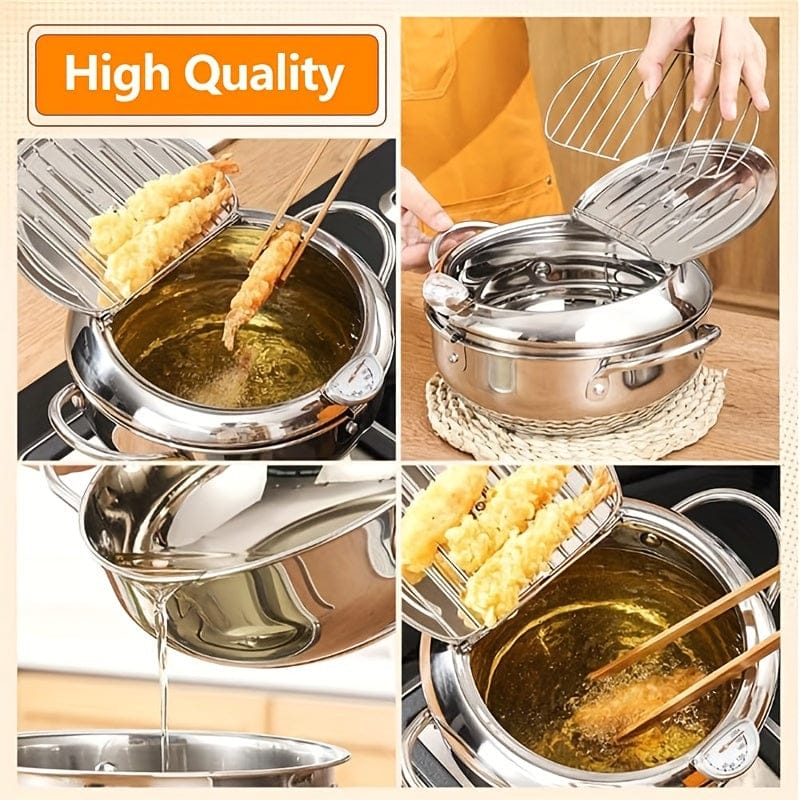 [Stainless Steel Deep Fryer] 2.2L Large Capacity Stainless Steel Deep Fryer with Lid - Heat-Resistant, Includes Thermometer & Oil Drip Rack - Non-Electric, High-Temperature Resistant, Perfect for French Fries, Chicken, Shrimp