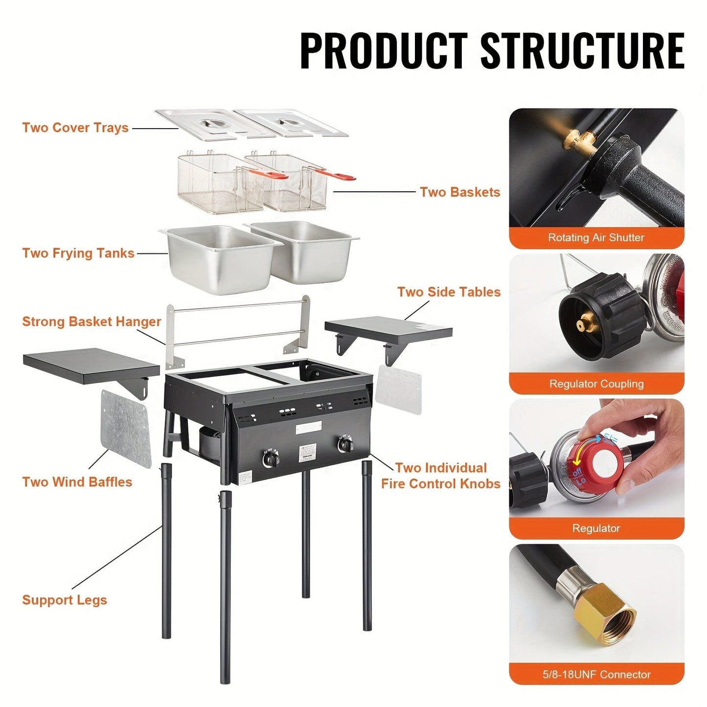 Happybuy Outdoor Propane Deep Fryer, 16 Qt Dual Burner, Stainless Steel with Removable Baskets & Lids, Integrated Oil Fryer Cart with Thermometer & Regulator for Commercial Cooking