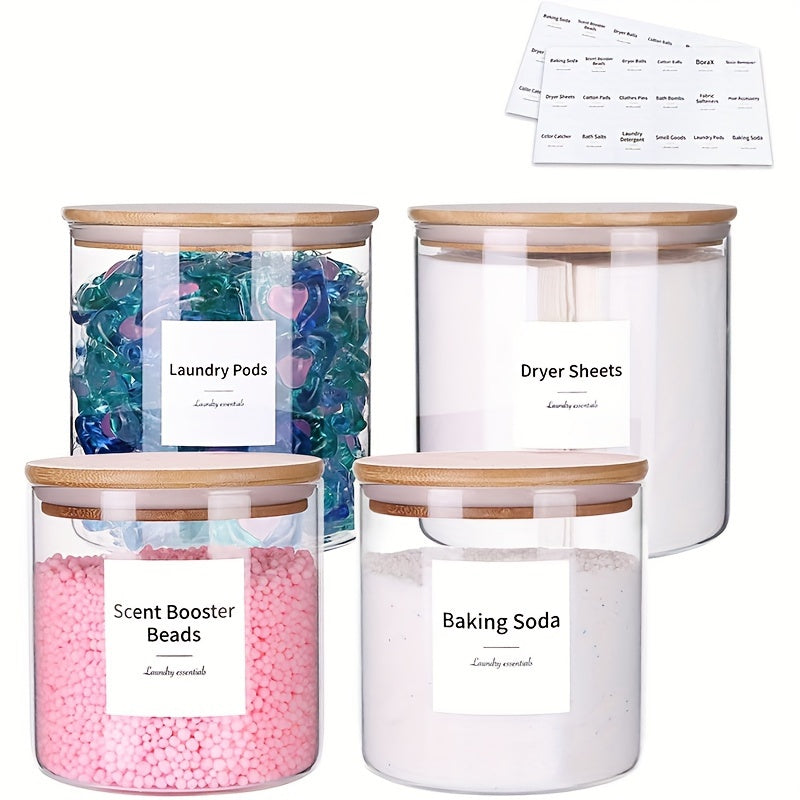 4-Piece Farmhouse Laundry Room Organization Set - Glass Jar Containers with Labels for Laundry Detergent, Flavor Enhancer, and Cookies Storage - Decorative Laundry Room Essentials for a Clutter-Free Space