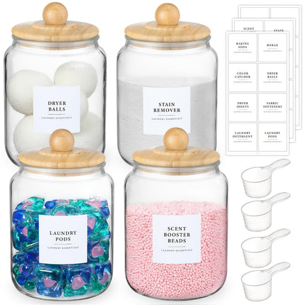 4-Pack Airtight Glass Storage Jars with Lids, Labels & Spoons - Half Gallon (64oz/1829ml), Dishwasher Safe & Space-Saving Organizer for Laundry Detergent, Pods, Beads, Bathroom, Pantry - Clear Containers with Measurement Icon
