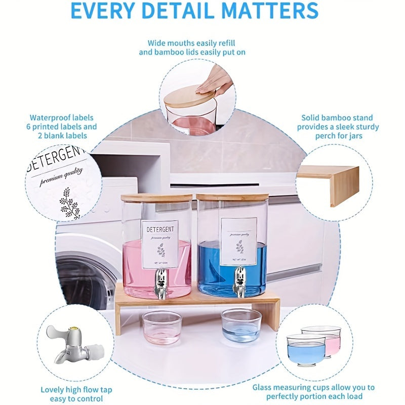 2-Pack 120 oz Large Capacity Glass Laundry Detergent Dispenser Set - Freestanding, Lead-Free, Bamboo Lids, Shelf Stand, Spouts, 8 Waterproof Labels, and 2 Glass Cups for Liquid Detergent - Space-Saving Laundry Room Organizati