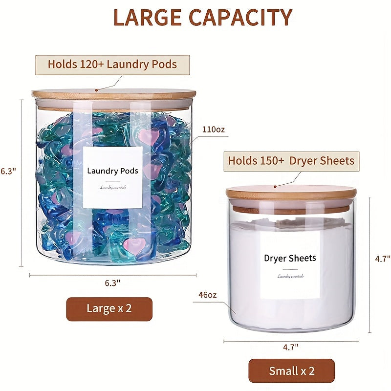 4-Piece Farmhouse Laundry Room Organization Set - Glass Jar Containers with Labels for Laundry Detergent, Flavor Enhancer, and Cookies Storage - Decorative Laundry Room Essentials for a Clutter-Free Space