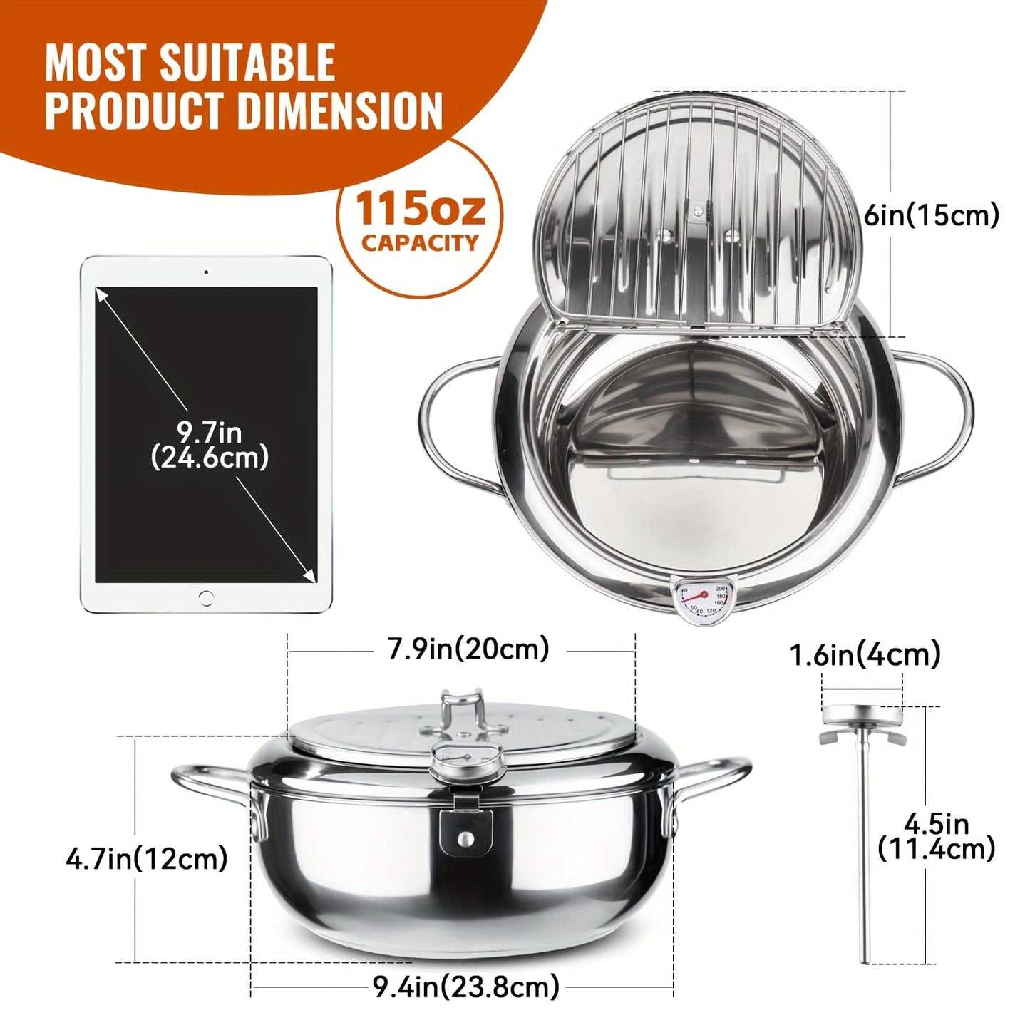 1pc Stainless Steel Deep Fryer with Thermometer, Oil Drop Filter Rack & Lid - Perfect for Gas & Induction Stoves, Ideal for Frying Beef Patties, Sesame Fry Bags, and Fried Chicken Willow, Kitchen Cookware | Transparent Lid Fe