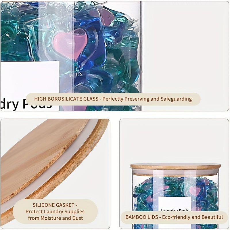 4-Piece Farmhouse Laundry Room Organization Set - Glass Jar Containers with Labels for Laundry Detergent, Flavor Enhancer, and Cookies Storage - Decorative Laundry Room Essentials for a Clutter-Free Space