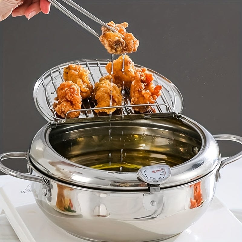 [Stainless Steel Deep Fryer] 2.2L Large Capacity Stainless Steel Deep Fryer with Lid - Heat-Resistant, Includes Thermometer & Oil Drip Rack - Non-Electric, High-Temperature Resistant, Perfect for French Fries, Chicken, Shrimp