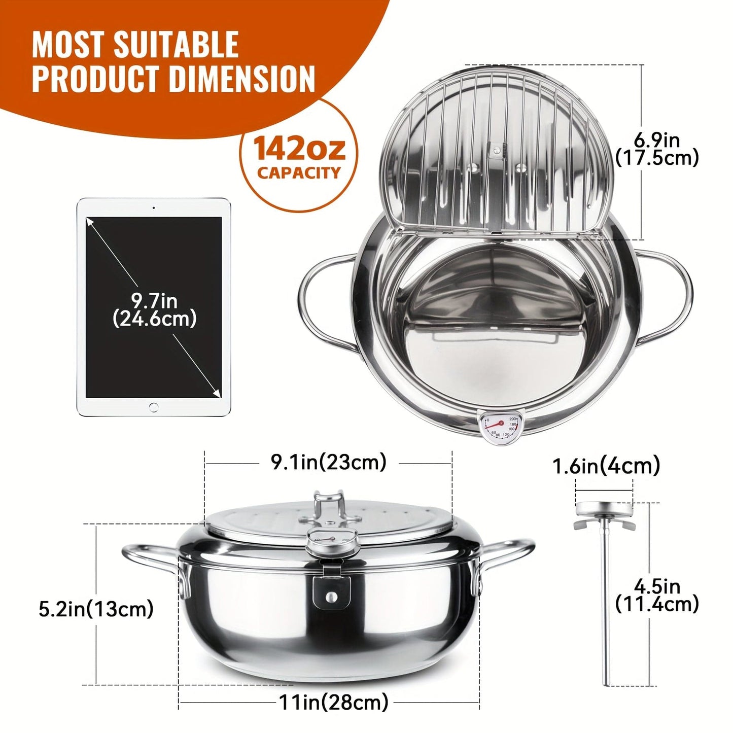 1pc Stainless Steel Deep Fryer with Thermometer, Oil Drop Filter Rack & Lid - Perfect for Gas & Induction Stoves, Ideal for Frying Beef Patties, Sesame Fry Bags, and Fried Chicken Willow, Kitchen Cookware | Transparent Lid Fe