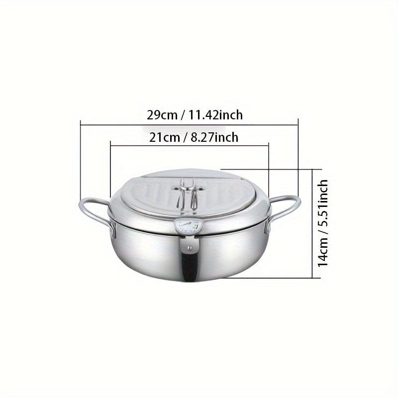 [Stainless Steel Deep Fryer] 2.2L Large Capacity Stainless Steel Deep Fryer with Lid - Heat-Resistant, Includes Thermometer & Oil Drip Rack - Non-Electric, High-Temperature Resistant, Perfect for French Fries, Chicken, Shrimp