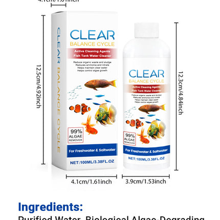 Nettoyant pour eau d’aquarium – 100 ml | Clarifiant puissant anti-algues | Purificateur d’eau pour poissons – Élimine boues, taches et impuretés | Agent d’entretien écologique pour aquarium propre